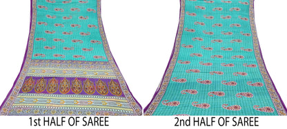 Indian Vintage Sari Purple & Green Pure Cotton Printed Saree 5Yd Craft Fabric Sewing Sarong Wrap Boho Floral Quilting crafting dressmaking