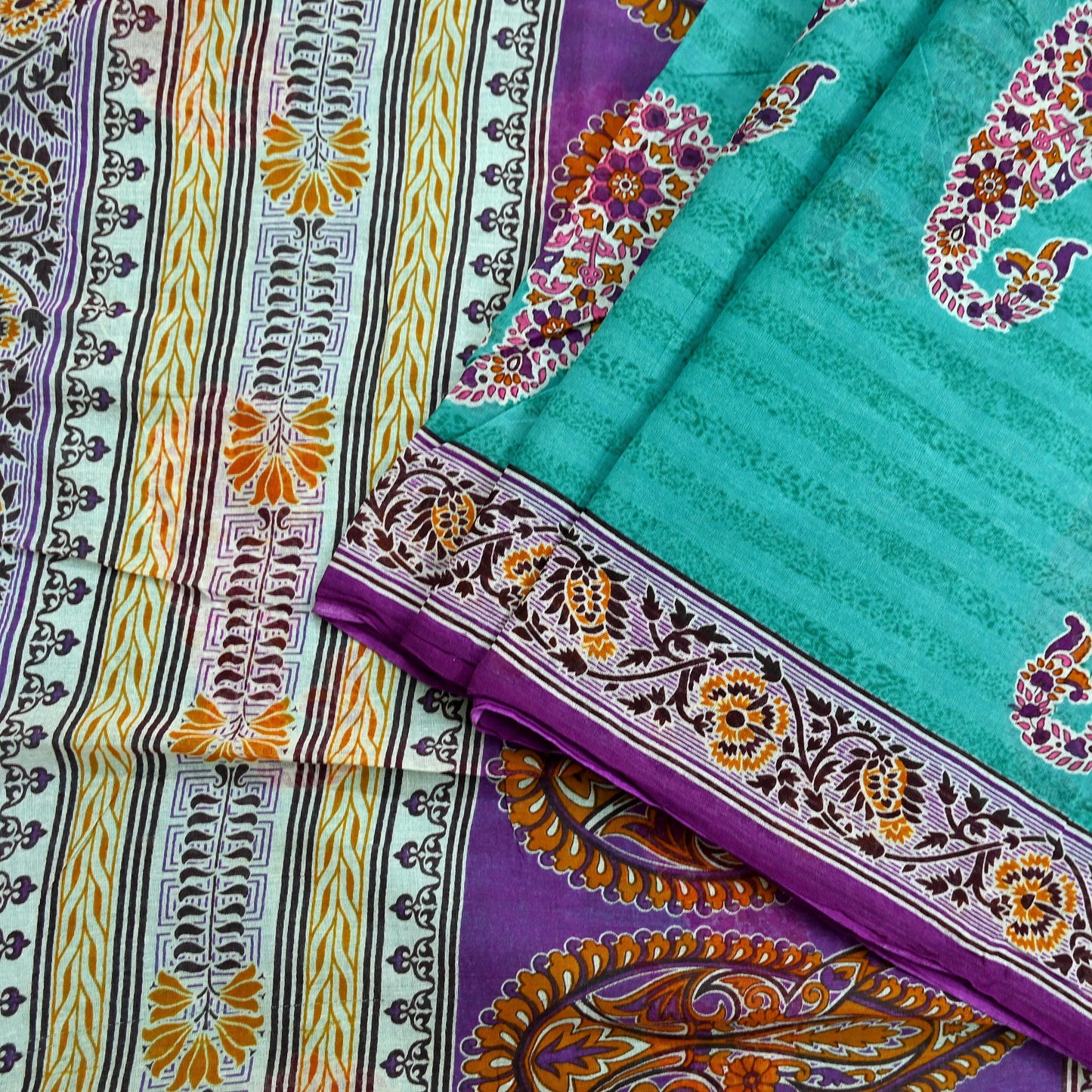 Indian Vintage Sari Purple & Green Pure Cotton Printed Saree 5Yd Craft Fabric Sewing Sarong Wrap Boho Floral Quilting crafting dressmaking