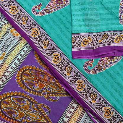 Indian Vintage Sari Purple & Green Pure Cotton Printed Saree 5Yd Craft Fabric Sewing Sarong Wrap Boho Floral Quilting crafting dressmaking