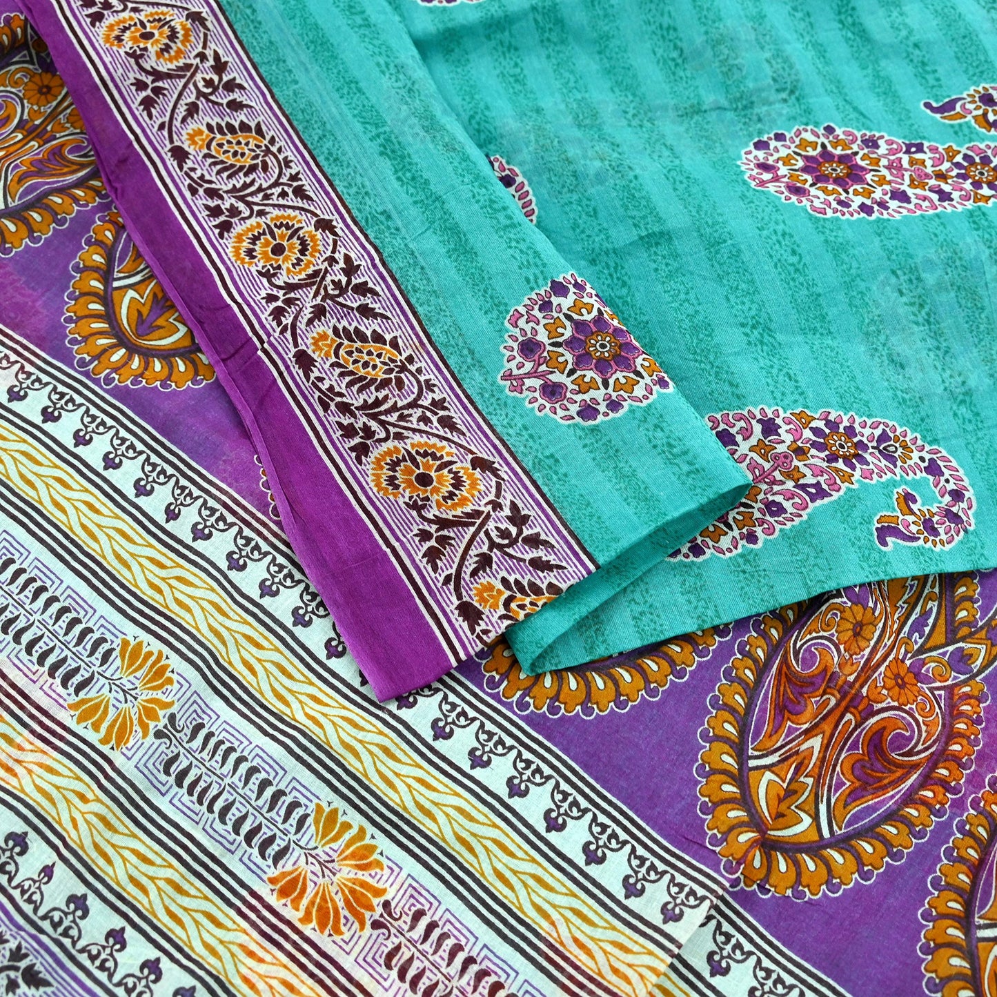 Indian Vintage Sari Purple & Green Pure Cotton Printed Saree 5Yd Craft Fabric Sewing Sarong Wrap Boho Floral Quilting crafting dressmaking