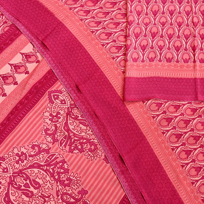 Indian Vintage Sari Peach & Pink Moss Crepe Printed Sarees 5yd Craft Fabric Sewing Floral Soft Dress making Quilting Crafting Upcycle Used