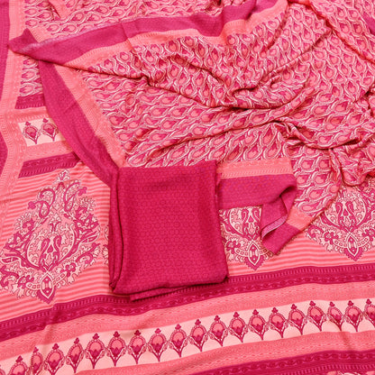 Indian Vintage Sari Peach & Pink Moss Crepe Printed Sarees 5yd Craft Fabric Sewing Floral Soft Dress making Quilting Crafting Upcycle Used
