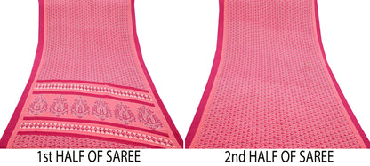 Indian Vintage Sari Peach & Pink Moss Crepe Printed Sarees 5yd Craft Fabric Sewing Floral Soft Dress making Quilting Crafting Upcycle Used