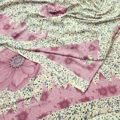 Indian Vintage Sari Ivory & Pink Moss Crepe Printed Sarees 5yd Craft Fabric Sewing Floral Soft Dress making Quilting Crafting Upcycle Used