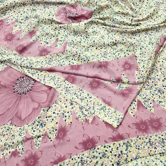 Indian Vintage Sari Ivory & Pink Moss Crepe Printed Sarees 5yd Craft Fabric Sewing Floral Soft Dress making Quilting Crafting Upcycle Used