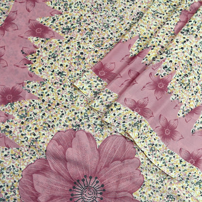 Indian Vintage Sari Ivory & Pink Moss Crepe Printed Sarees 5yd Craft Fabric Sewing Floral Soft Dress making Quilting Crafting Upcycle Used