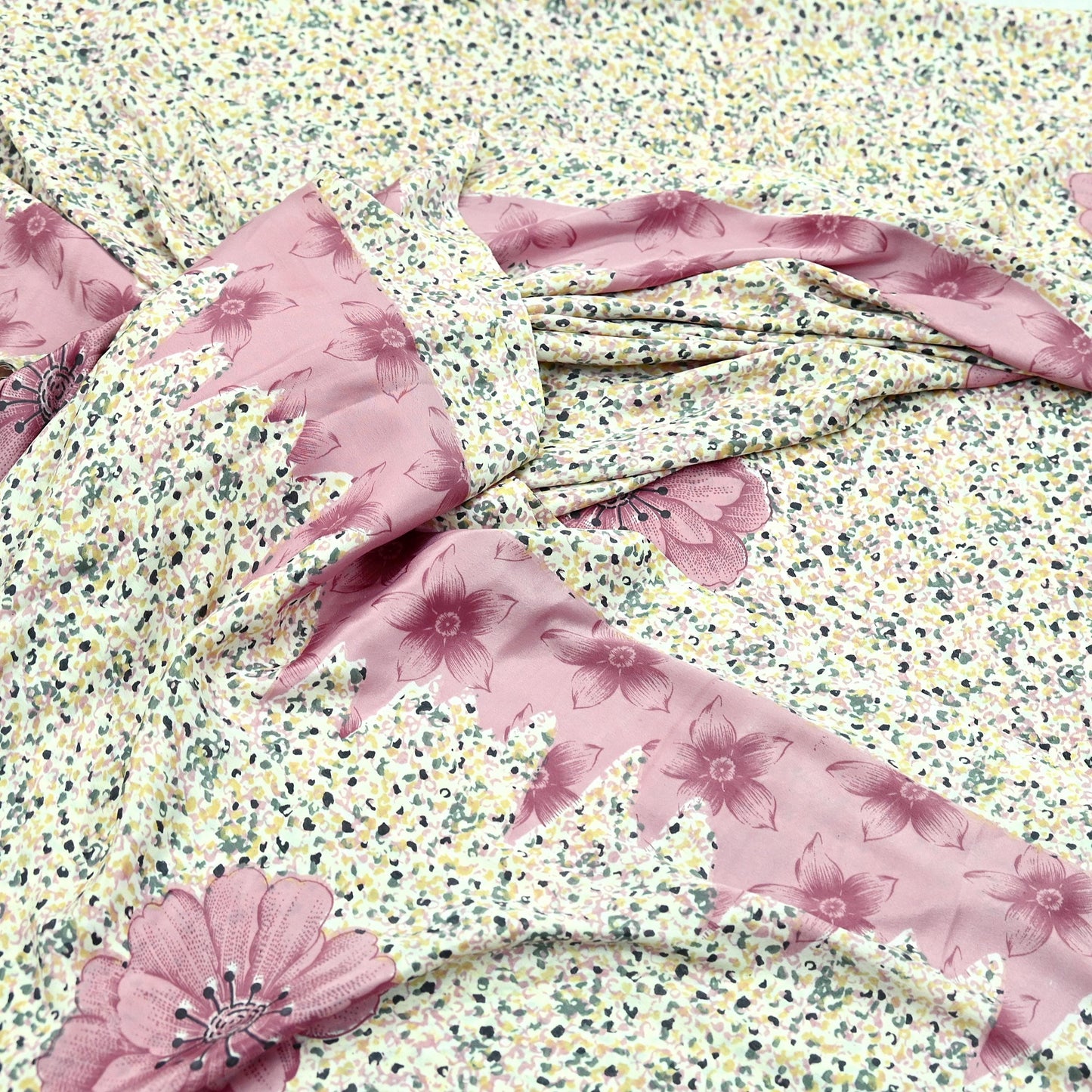 Indian Vintage Sari Ivory & Pink Moss Crepe Printed Sarees 5yd Craft Fabric Sewing Floral Soft Dress making Quilting Crafting Upcycle Used