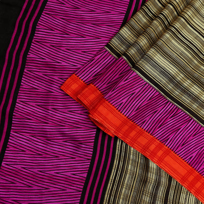 Indian Vintage Beige & Brown Saree Moss Crepe Printed Sari 5yd Sewing Stripes Soft Craft Fabric Dressmaking Quilting Crafting Upcycle