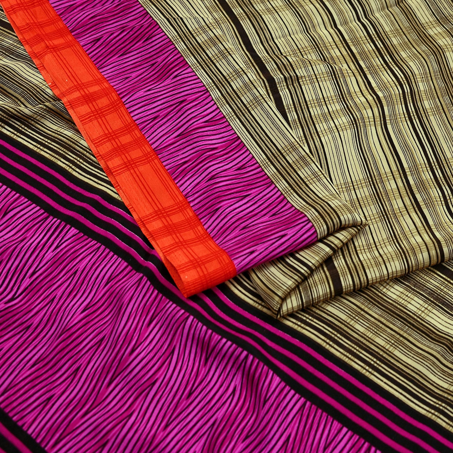 Indian Vintage Beige & Brown Saree Moss Crepe Printed Sari 5yd Sewing Stripes Soft Craft Fabric Dressmaking Quilting Crafting Upcycle