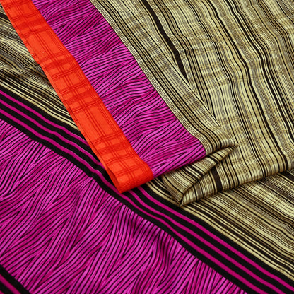 Indian Vintage Beige & Brown Saree Moss Crepe Printed Sari 5yd Sewing Stripes Soft Craft Fabric Dressmaking Quilting Crafting Upcycle