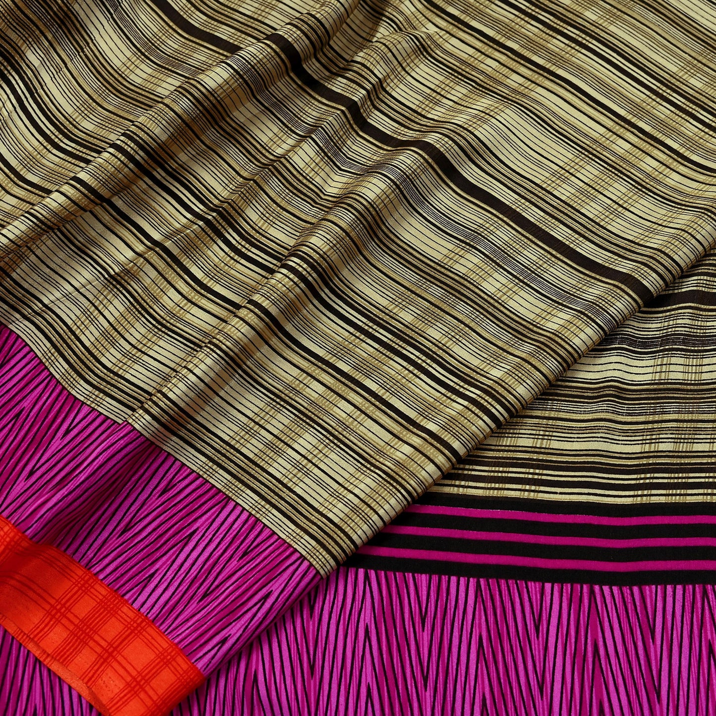 Indian Vintage Beige & Brown Saree Moss Crepe Printed Sari 5yd Sewing Stripes Soft Craft Fabric Dressmaking Quilting Crafting Upcycle