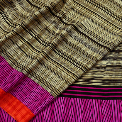Indian Vintage Beige & Brown Saree Moss Crepe Printed Sari 5yd Sewing Stripes Soft Craft Fabric Dressmaking Quilting Crafting Upcycle