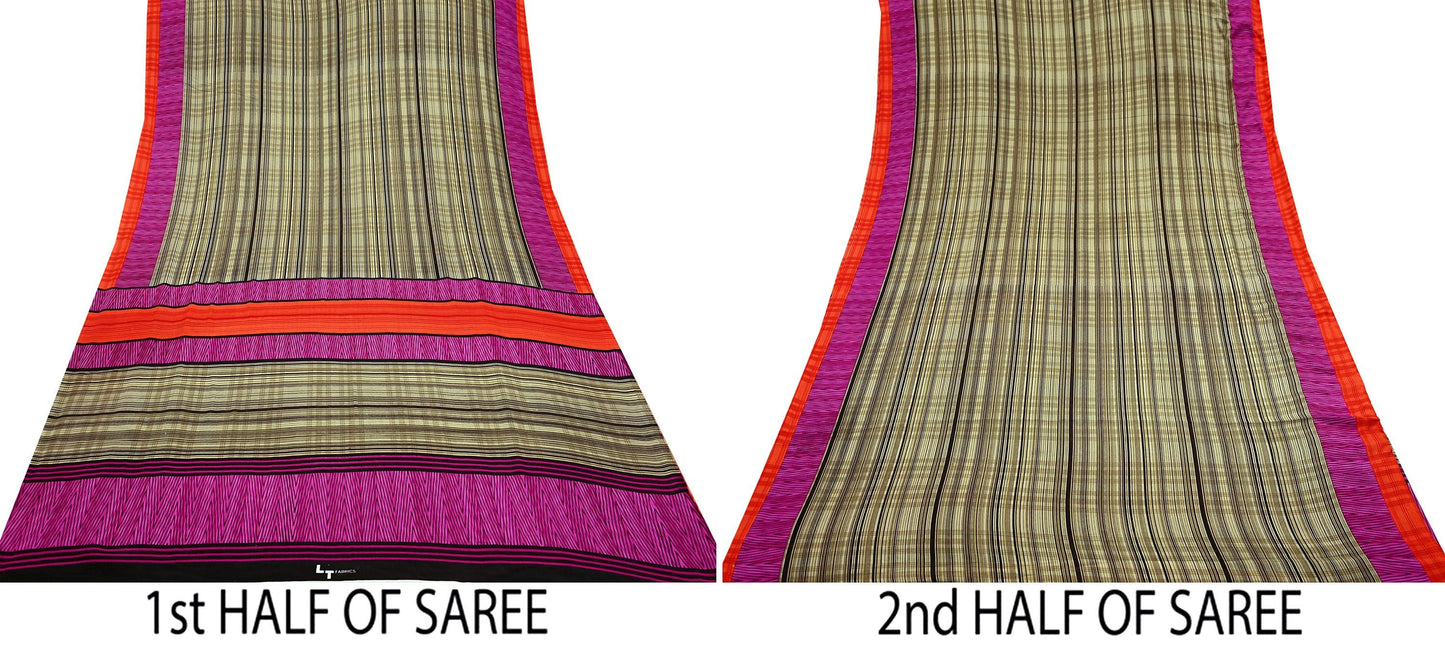 Indian Vintage Beige & Brown Saree Moss Crepe Printed Sari 5yd Sewing Stripes Soft Craft Fabric Dressmaking Quilting Crafting Upcycle