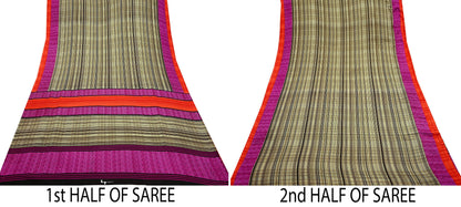 Indian Vintage Beige & Brown Saree Moss Crepe Printed Sari 5yd Sewing Stripes Soft Craft Fabric Dressmaking Quilting Crafting Upcycle