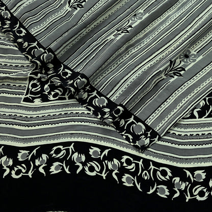 Indian Vintage Sari Ivory & Black Pure Crepe Silk Printed Saree 5yd Sewing Floral Soft Craft Fabric Wrap Dress Making Crafting Quilting