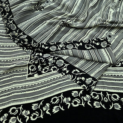 Indian Vintage Sari Ivory & Black Pure Crepe Silk Printed Saree 5yd Sewing Floral Soft Craft Fabric Wrap Dress Making Crafting Quilting
