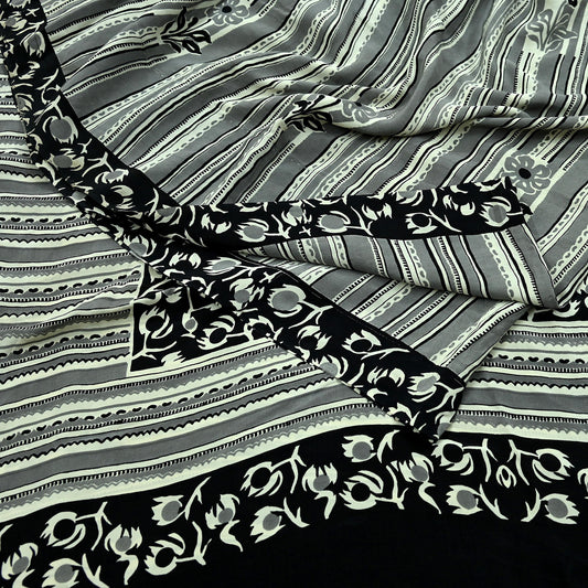 Indian Vintage Sari Ivory & Black Pure Crepe Silk Printed Saree 5yd Sewing Floral Soft Craft Fabric Wrap Dress Making Crafting Quilting