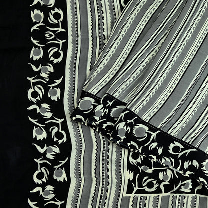 Indian Vintage Sari Ivory & Black Pure Crepe Silk Printed Saree 5yd Sewing Floral Soft Craft Fabric Wrap Dress Making Crafting Quilting
