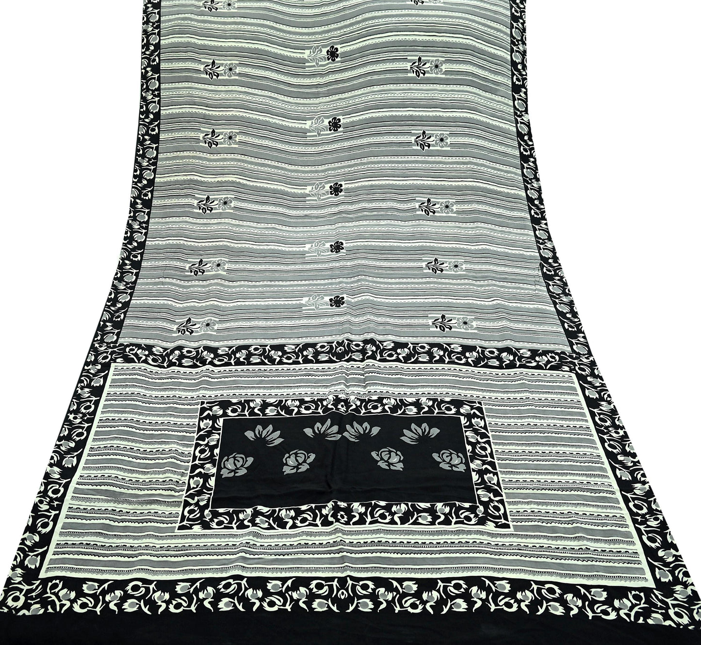 Indian Vintage Sari Ivory & Black Pure Crepe Silk Printed Saree 5yd Sewing Floral Soft Craft Fabric Wrap Dress Making Crafting Quilting