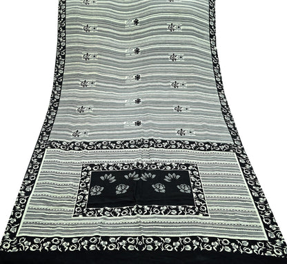 Indian Vintage Sari Ivory & Black Pure Crepe Silk Printed Saree 5yd Sewing Floral Soft Craft Fabric Wrap Dress Making Crafting Quilting