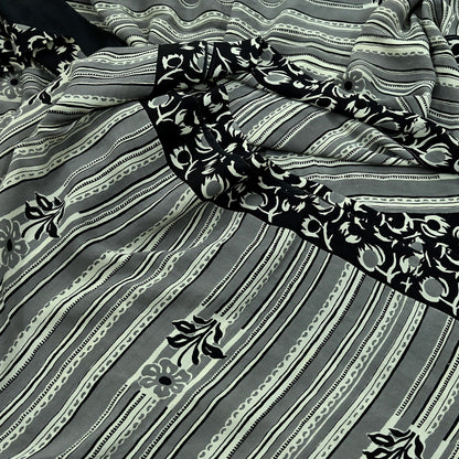 Indian Vintage Sari Ivory & Black Pure Crepe Silk Printed Saree 5yd Sewing Floral Soft Craft Fabric Wrap Dress Making Crafting Quilting