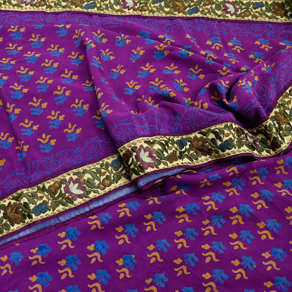 Indian Vintage Sari Purple Pure Crepe Silk Block Printed Saree 5yd Sewing Floral Craft Fabric Wrap Dress Making Quilting Crafting