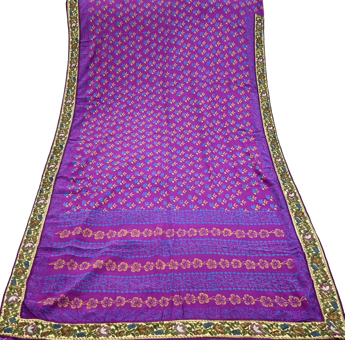 Indian Vintage Sari Purple Pure Crepe Silk Block Printed Saree 5yd Sewing Floral Craft Fabric Wrap Dress Making Quilting Crafting