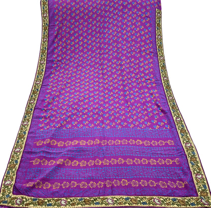 Indian Vintage Sari Purple Pure Crepe Silk Block Printed Saree 5yd Sewing Floral Craft Fabric Wrap Dress Making Quilting Crafting
