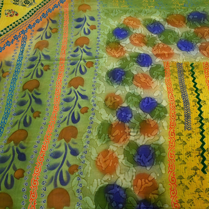 Indian Vintage Sari Yellow &Green Pure Crepe Silk Printed Sarees 5yd Sewing Floral Soft Craft Fabric Wrap Dress making Crafting Quilting