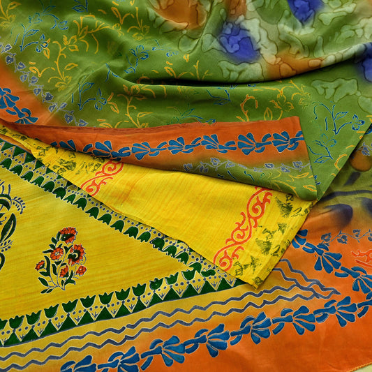 Indian Vintage Sari Yellow &Green Pure Crepe Silk Printed Sarees 5yd Sewing Floral Soft Craft Fabric Wrap Dress making Crafting Quilting