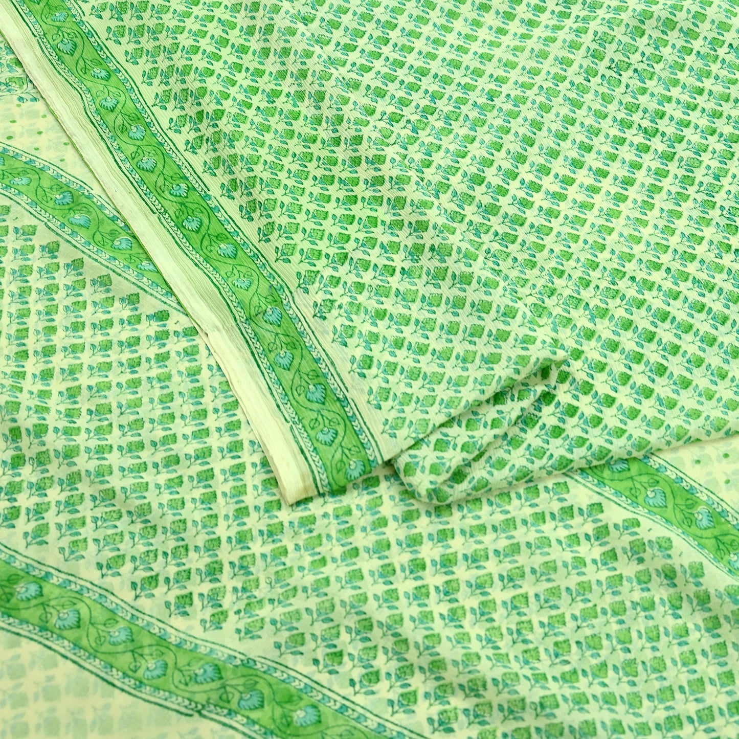 Indian Vintage Sari Green & Ivory Pure Chiffon Silk Printed Sarees 5Yd Craft Fabric Sewing Soft Light Sari Dress Making Upcycle Quilting