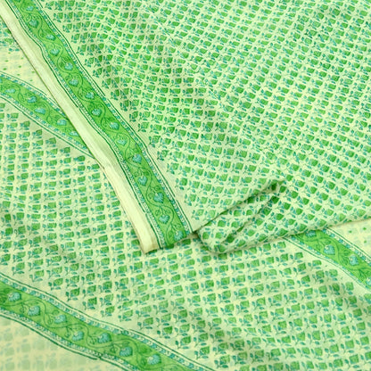 Indian Vintage Sari Green & Ivory Pure Chiffon Silk Printed Sarees 5Yd Craft Fabric Sewing Soft Light Sari Dress Making Upcycle Quilting