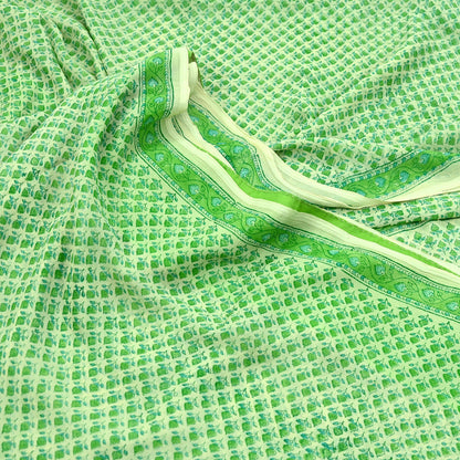 Indian Vintage Sari Green & Ivory Pure Chiffon Silk Printed Sarees 5Yd Craft Fabric Sewing Soft Light Sari Dress Making Upcycle Quilting