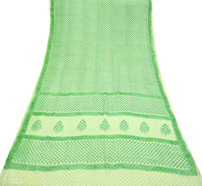 Indian Vintage Sari Green & Ivory Pure Chiffon Silk Printed Sarees 5Yd Craft Fabric Sewing Soft Light Sari Dress Making Upcycle Quilting