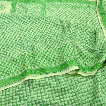 Indian Vintage Sari Green & Ivory Pure Chiffon Silk Printed Sarees 5Yd Craft Fabric Sewing Soft Light Sari Dress Making Upcycle Quilting