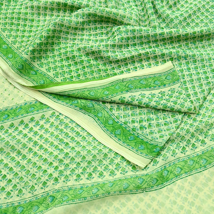 Indian Vintage Sari Green & Ivory Pure Chiffon Silk Printed Sarees 5Yd Craft Fabric Sewing Soft Light Sari Dress Making Upcycle Quilting