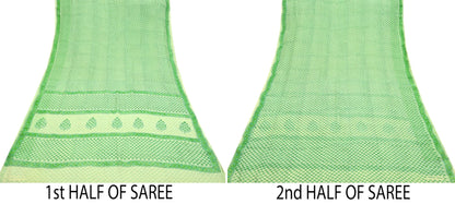 Indian Vintage Sari Green & Ivory Pure Chiffon Silk Printed Sarees 5Yd Craft Fabric Sewing Soft Light Sari Dress Making Upcycle Quilting