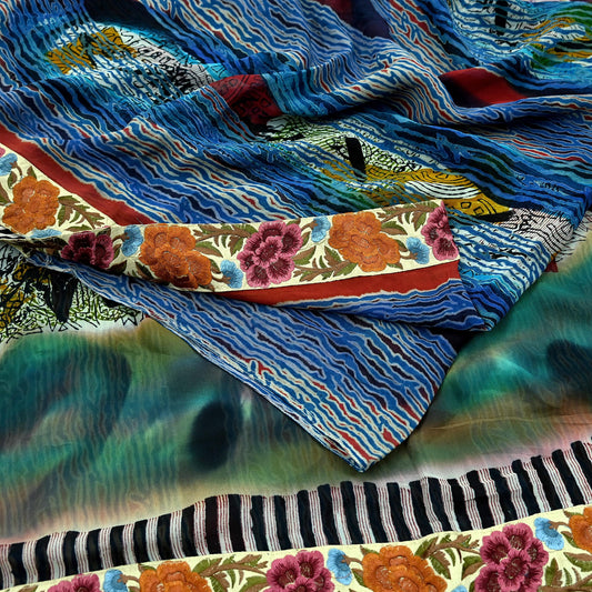 Vintage Sari Multi Pure Georgette Silk Printed Saree Sewing 5yd Craft Soft Floral Dress Designing for Crafting Quilting Upcycle Parsi Border