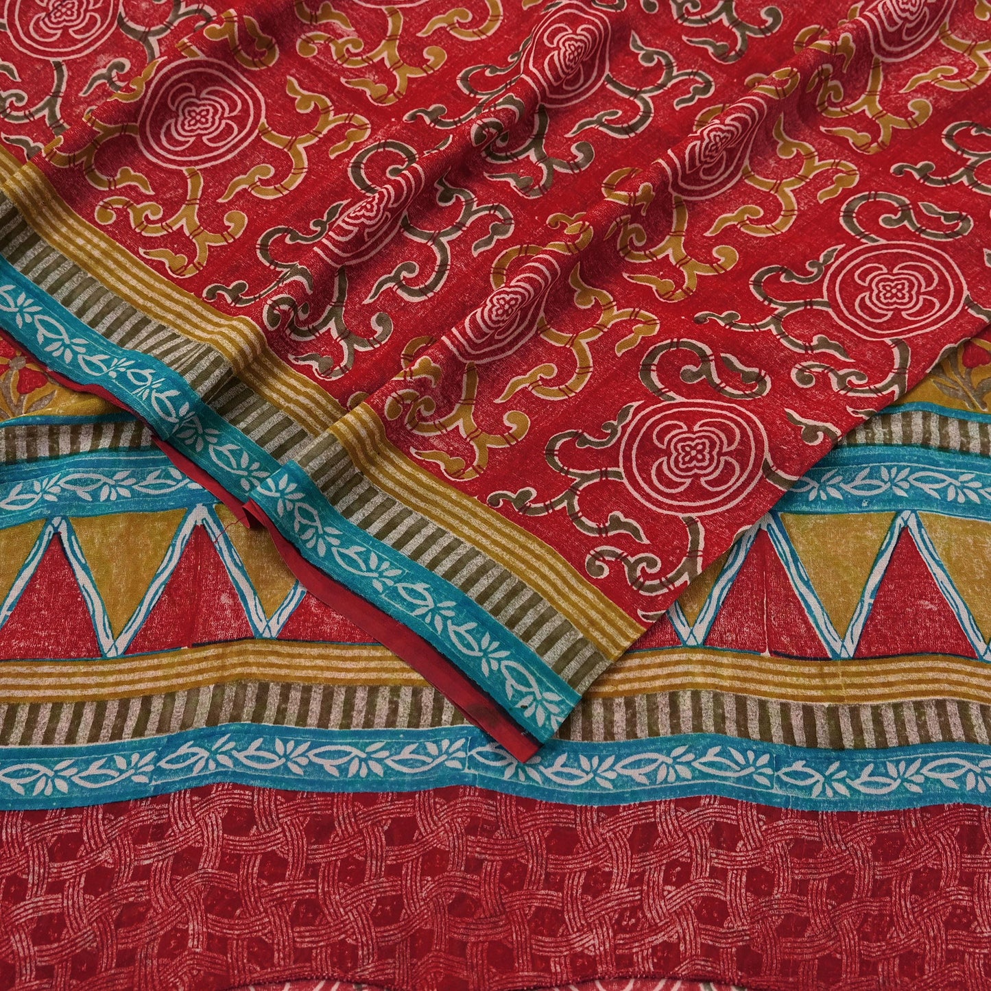 Indian Vintage Red & Blue Saree 100% Pure Georgette Silk Printed Sari Sewing 5yd Craft Fabric Dress Designing for Dress making