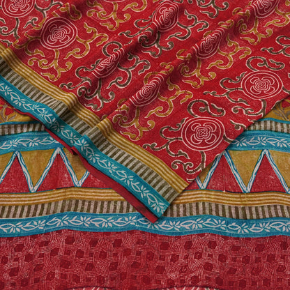 Indian Vintage Red & Blue Saree 100% Pure Georgette Silk Printed Sari Sewing 5yd Craft Fabric Dress Designing for Dress making