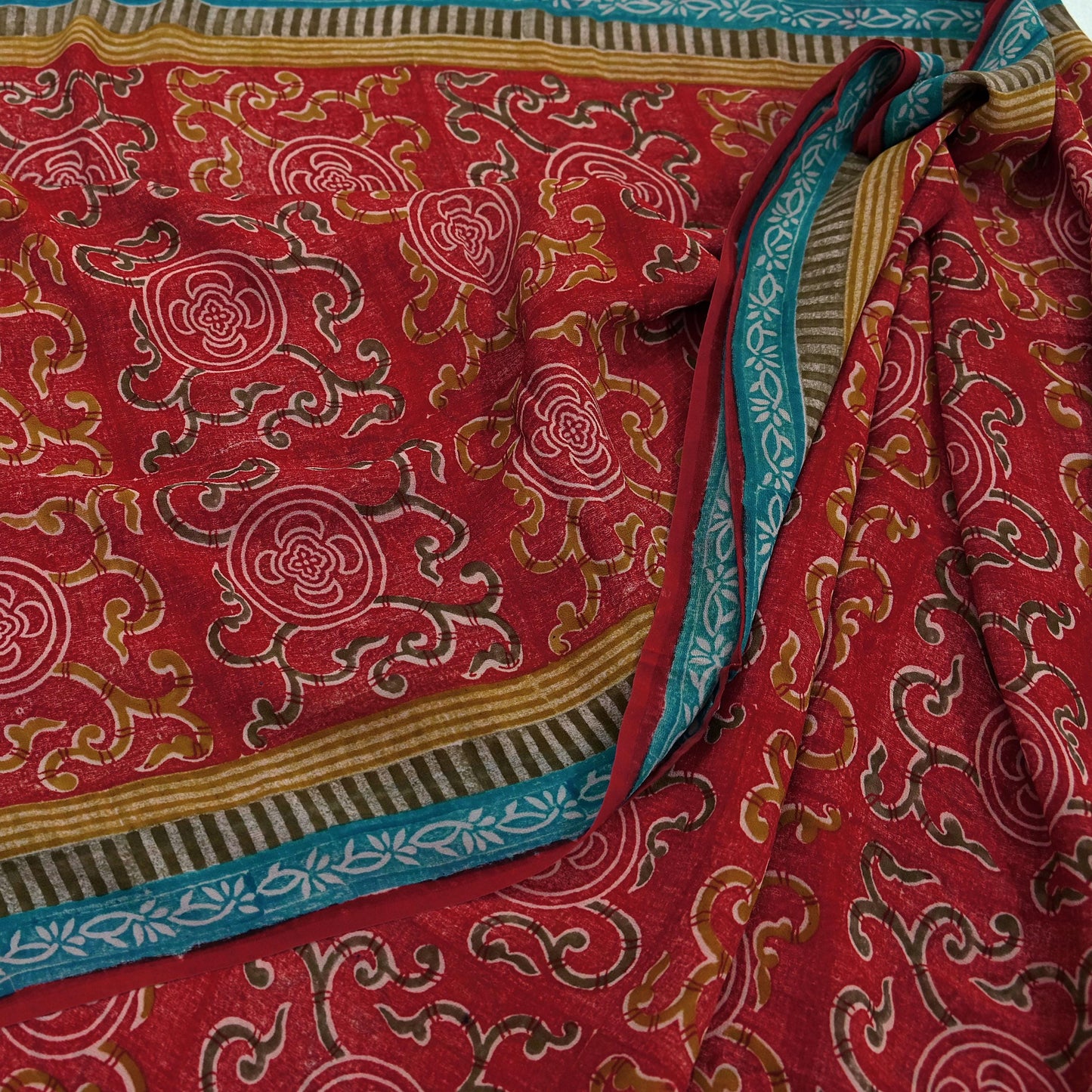 Indian Vintage Red & Blue Saree 100% Pure Georgette Silk Printed Sari Sewing 5yd Craft Fabric Dress Designing for Dress making