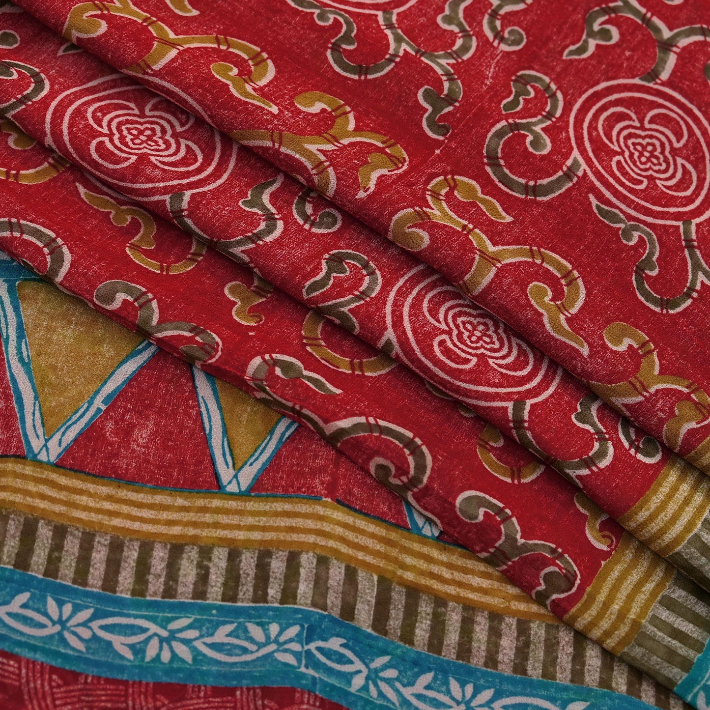 Indian Vintage Red & Blue Saree 100% Pure Georgette Silk Printed Sari Sewing 5yd Craft Fabric Dress Designing for Dress making