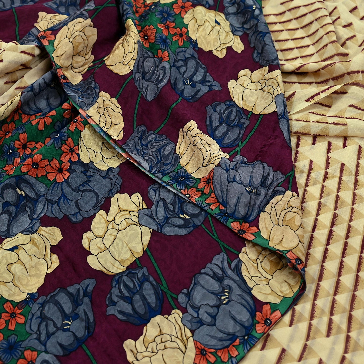 Indian Vintage Sari Beige & Maroon Pure Georgette Silk Printed Sarees Craft Fabric Sewing 5Yd Soft Dress Making Crafting Quilting Upcycle