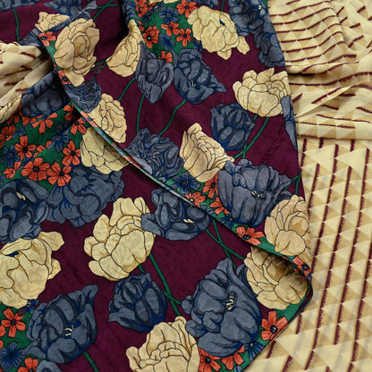 Indian Vintage Sari Beige & Maroon Pure Georgette Silk Printed Sarees Craft Fabric Sewing 5Yd Soft Dress Making Crafting Quilting Upcycle