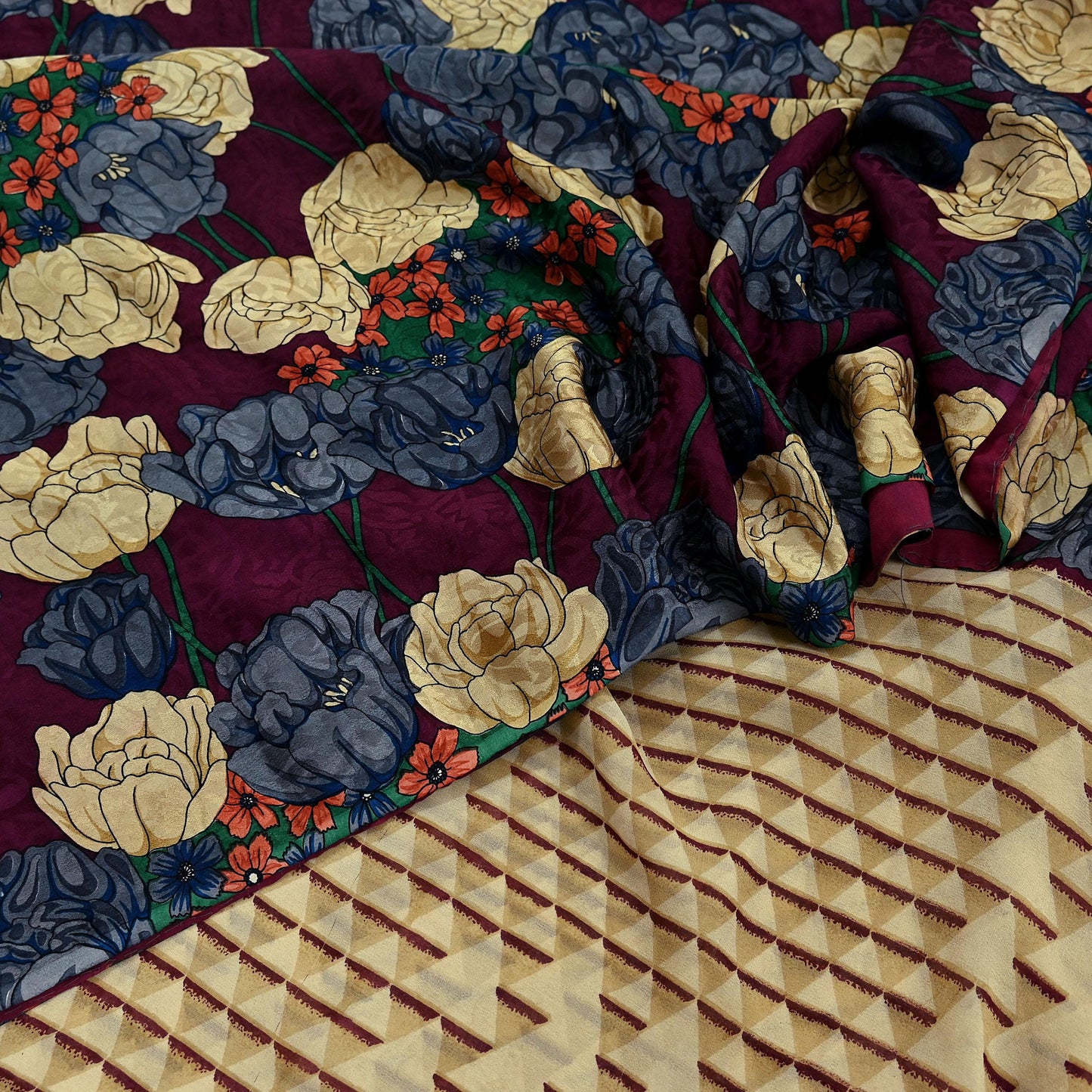 Indian Vintage Sari Beige & Maroon Pure Georgette Silk Printed Sarees Craft Fabric Sewing 5Yd Soft Dress Making Crafting Quilting Upcycle