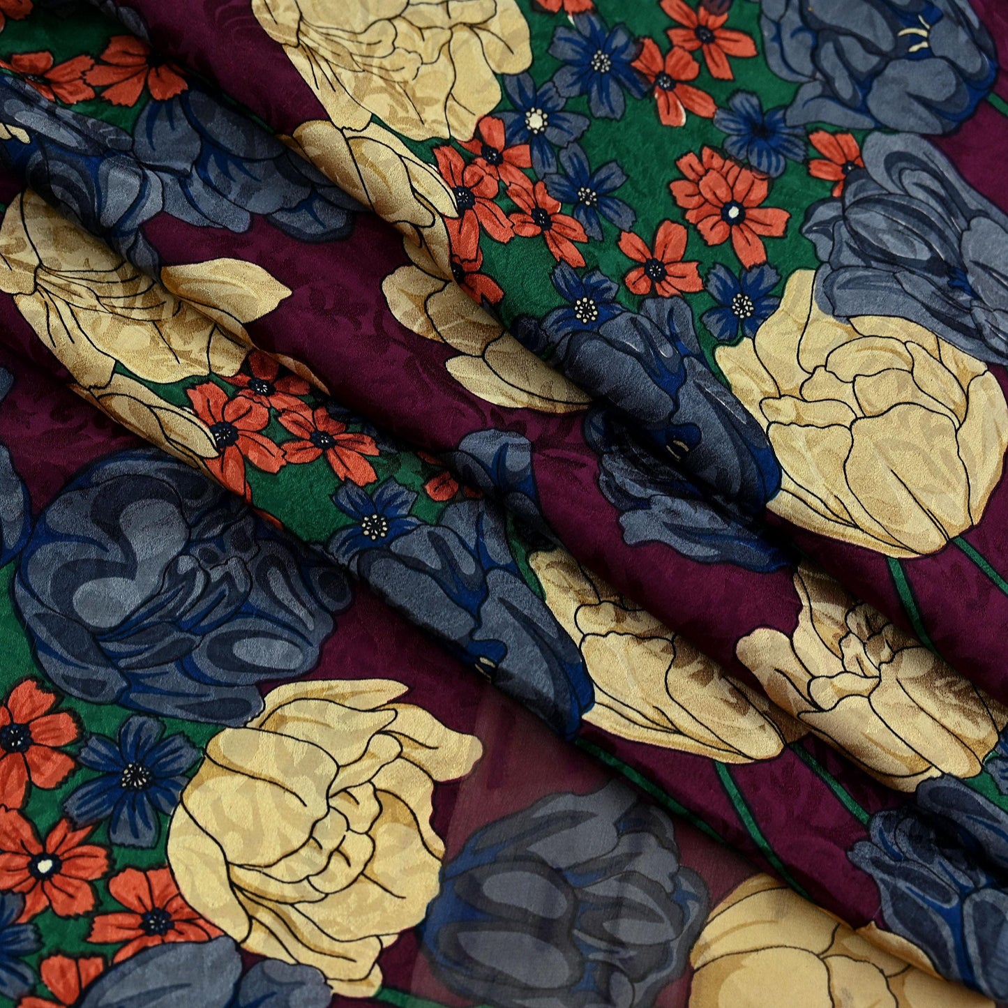 Indian Vintage Sari Beige & Maroon Pure Georgette Silk Printed Sarees Craft Fabric Sewing 5Yd Soft Dress Making Crafting Quilting Upcycle