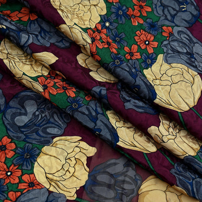 Indian Vintage Sari Beige & Maroon Pure Georgette Silk Printed Sarees Craft Fabric Sewing 5Yd Soft Dress Making Crafting Quilting Upcycle