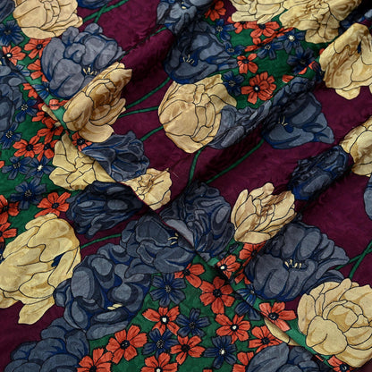 Indian Vintage Sari Beige & Maroon Pure Georgette Silk Printed Sarees Craft Fabric Sewing 5Yd Soft Dress Making Crafting Quilting Upcycle