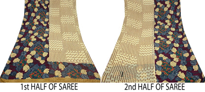 Indian Vintage Sari Beige & Maroon Pure Georgette Silk Printed Sarees Craft Fabric Sewing 5Yd Soft Dress Making Crafting Quilting Upcycle
