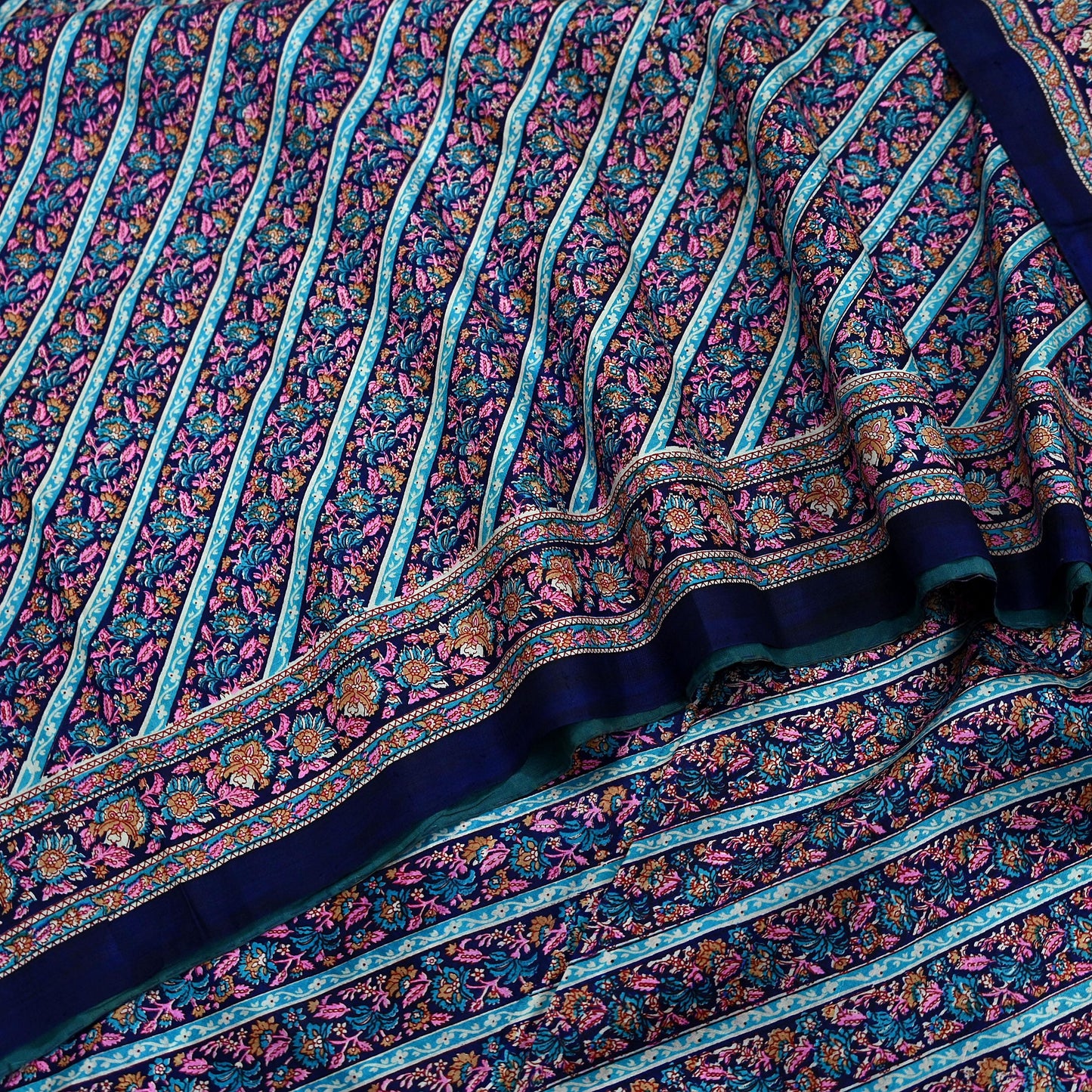 Indian Vintage Sari Blue Pure Silk Printed Sarees 5yd Sewing Craft Fabric Soft Dress Making Wrap Paisley Upcycle Quilting Crafting